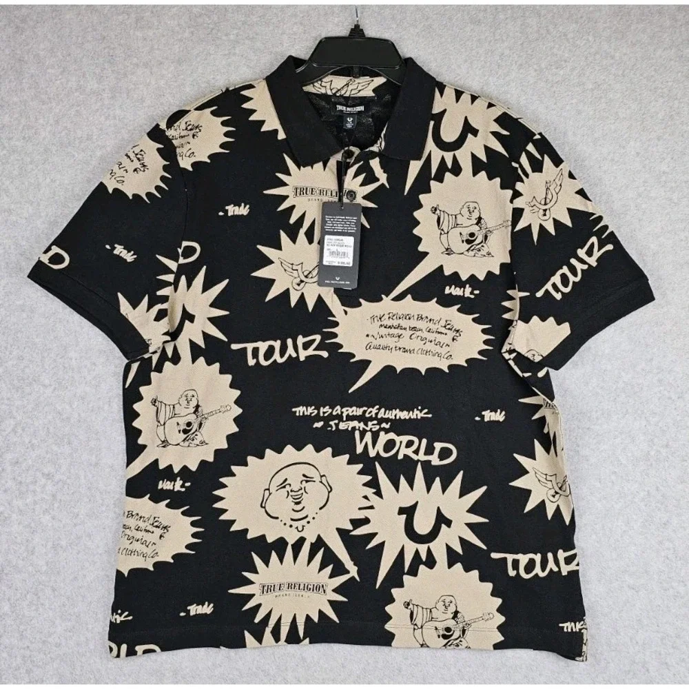 True Religion All Over Print Buddha Polo Shirt Distressed Black Beige Mens SZ Lg